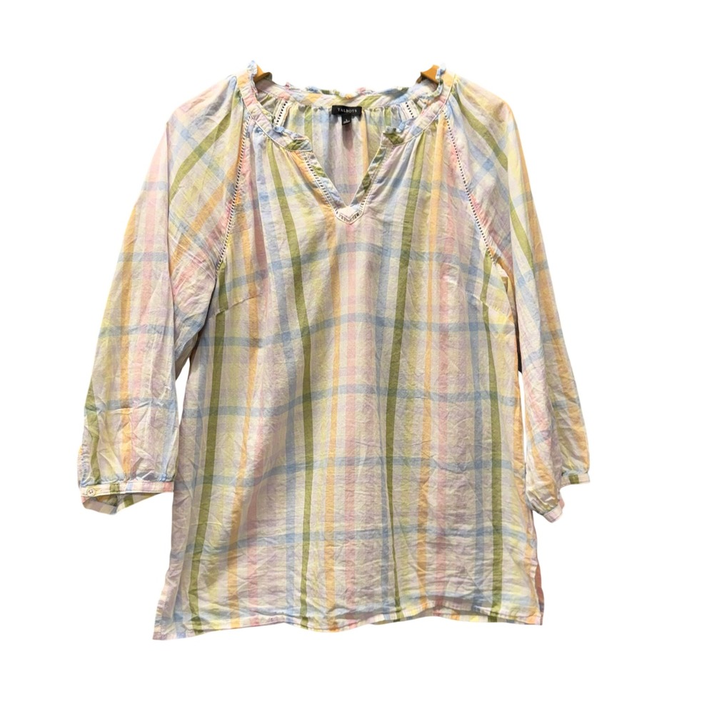 Talbots Blouse Womens Large Plaid Pastel Multicolor Preppy 3/4 Sleeve V-Neck Top
